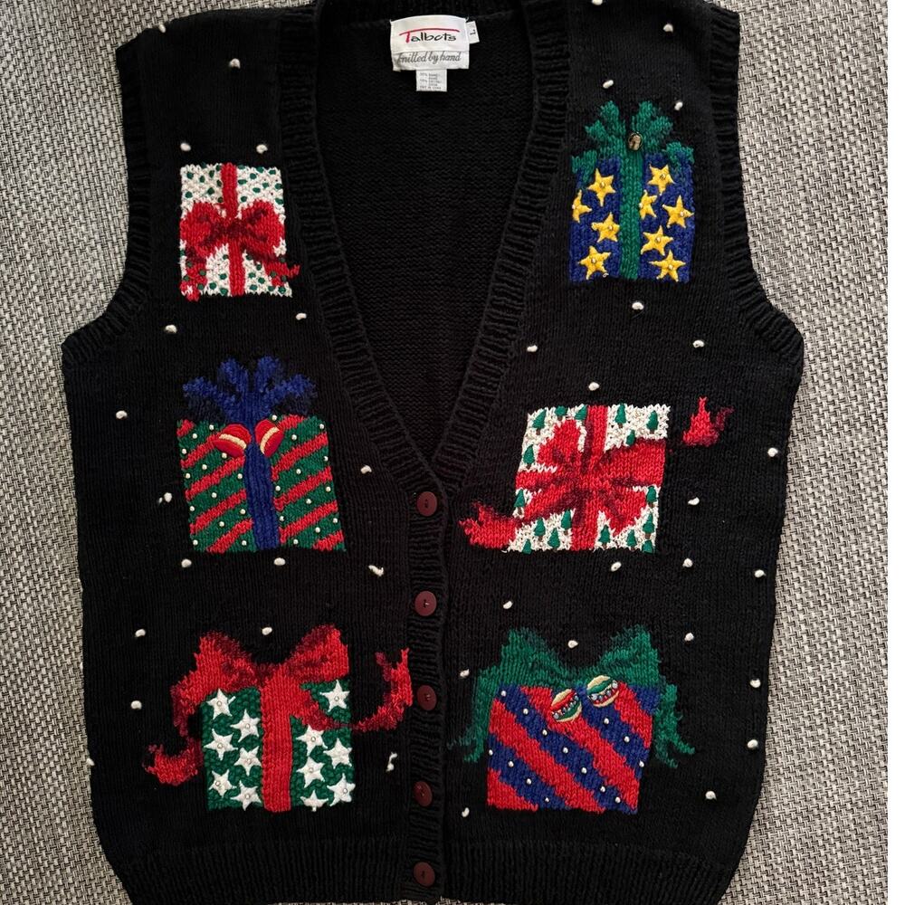 TALBOTS Hand Knit Ugly Christmas Sweater Vest Gifts Presents Beads Bell Black L